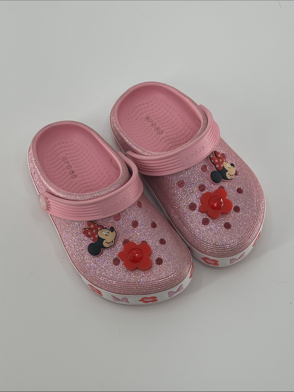 CROCS Kids Pink Glitter Minnie Mouse Clogs with Flower Charms